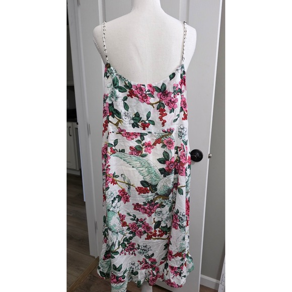 Anthropologie Women Sz L Floral Bird Print Slip Dress White Pink Green Whimsy - Picture 4 of 10